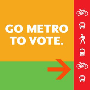 Brightly colored art with Go Metro to Vote message and icons.