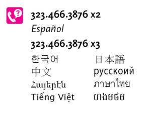 Metro LEP information graphic including phone numbers (323-466-3876, ext 2) in various languages.