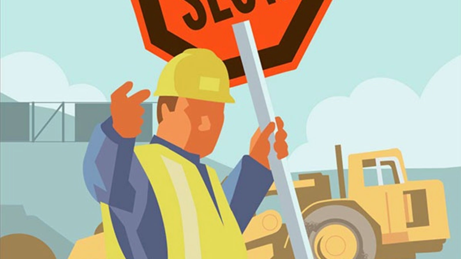 Illustration of construction worker with stop sign gesturing.