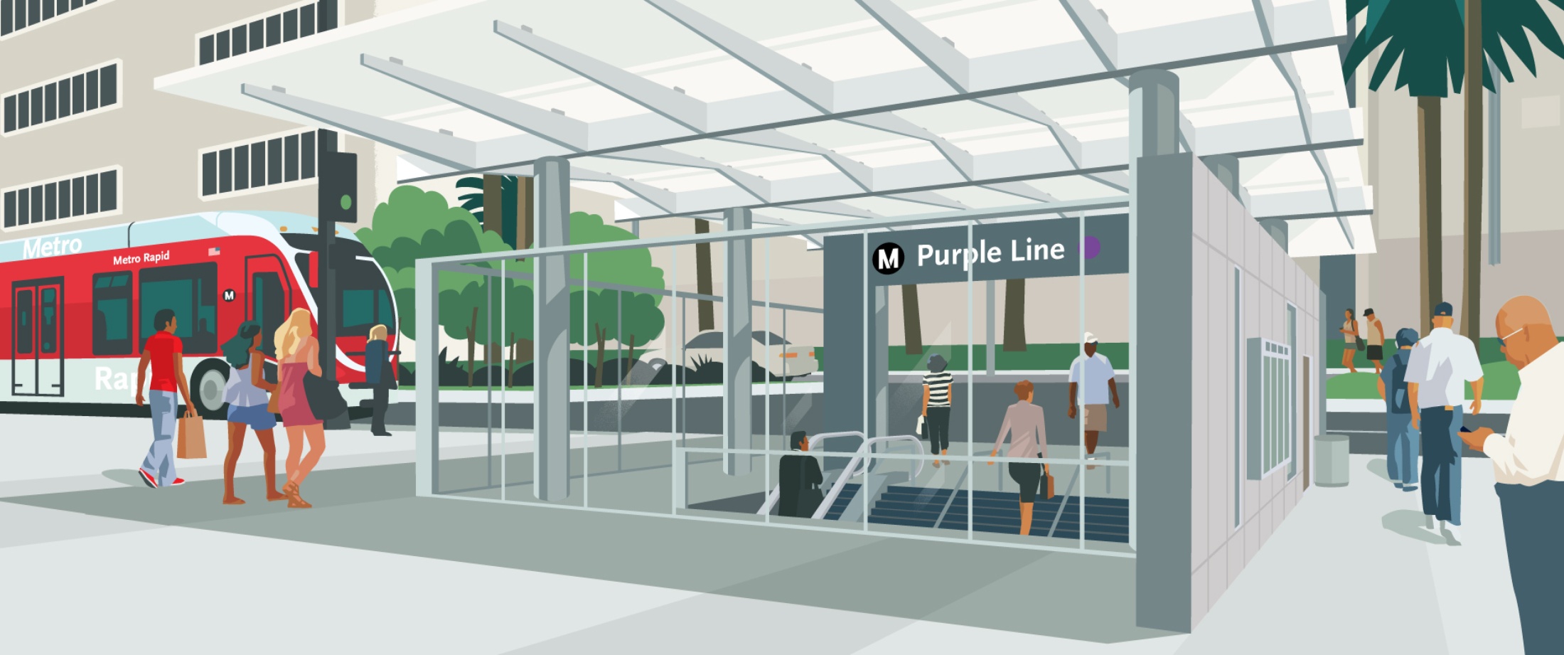 Illustration of Purple Line Extension station featuring Rapid bus, patrons, and the station entrance.