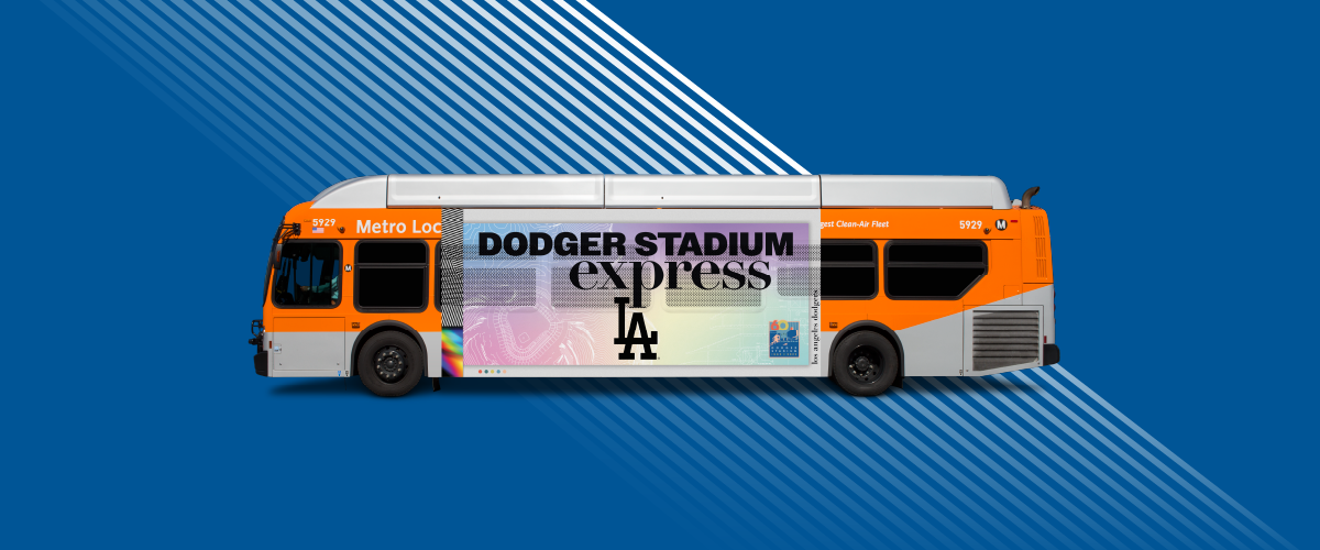 Dodger Stadium Express Driver's side view of the Dodger Stadium Express shuttle bus.