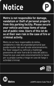 Damages on Metro Parking sign