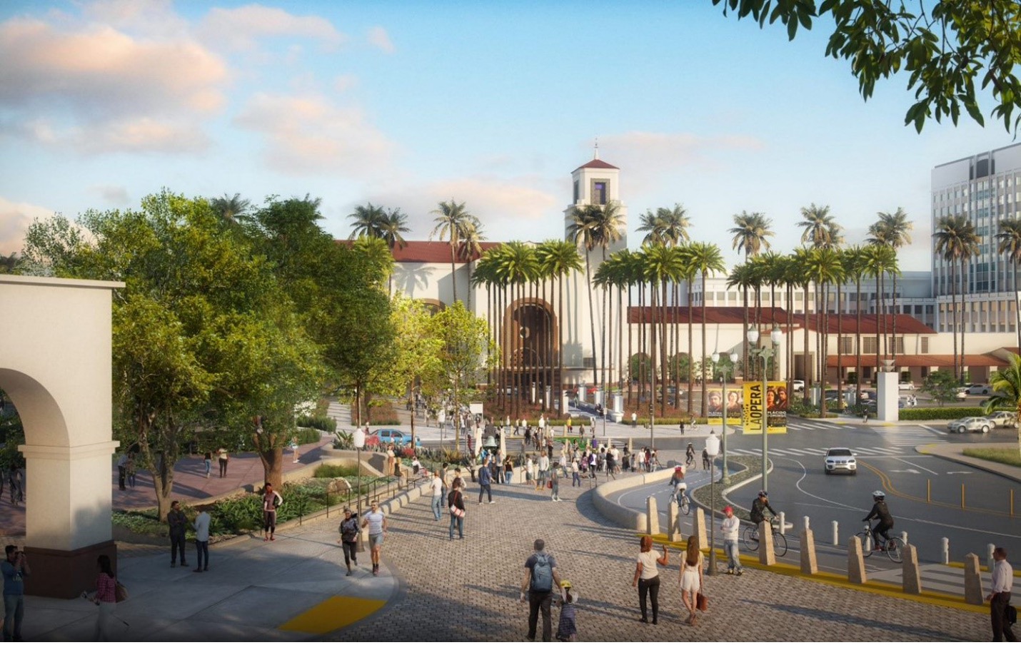 Rendering of LA Union Station Forecourt and Esplanade Improvements with persons along the paseo.