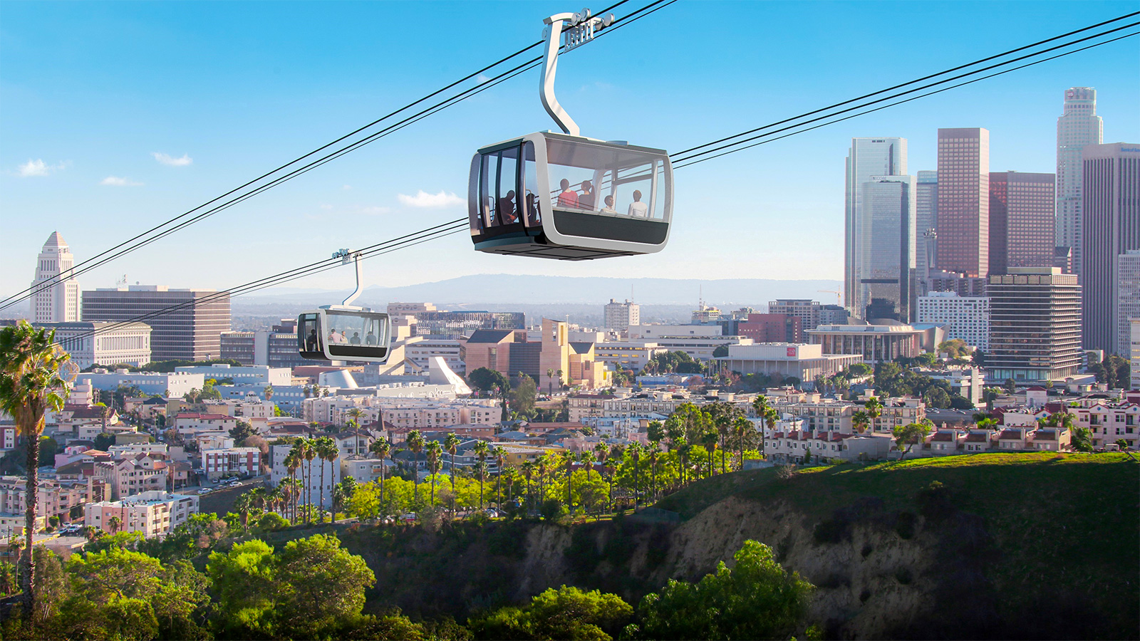 Rendering of Aerial Rapid Transit vehicle with downtown Los Angeles in background.