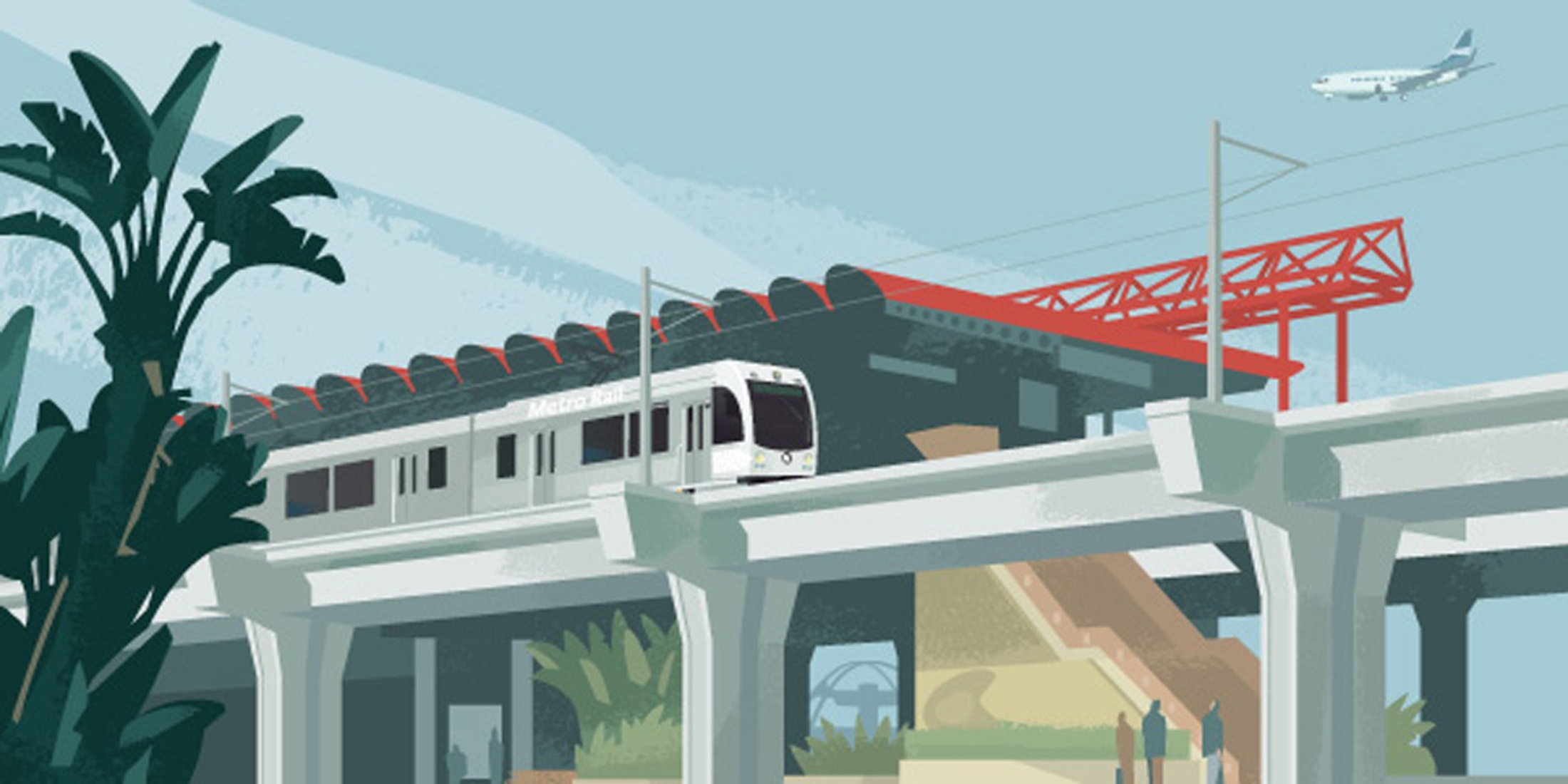 Illustration of light rail vehicle on an elevated platform.