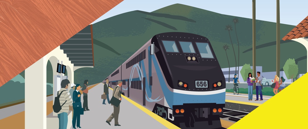 Illustration of Antelope Valley Line Capacity and Service Improvements Program with Metrolink train and passengers on platform at station.