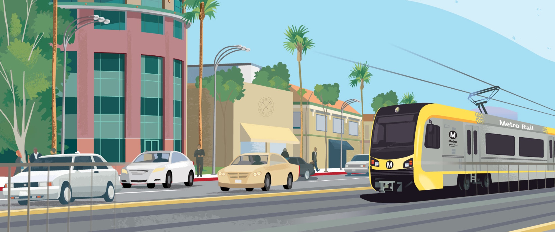 Metro light rail vehicle in traffic in San Fernando Valley