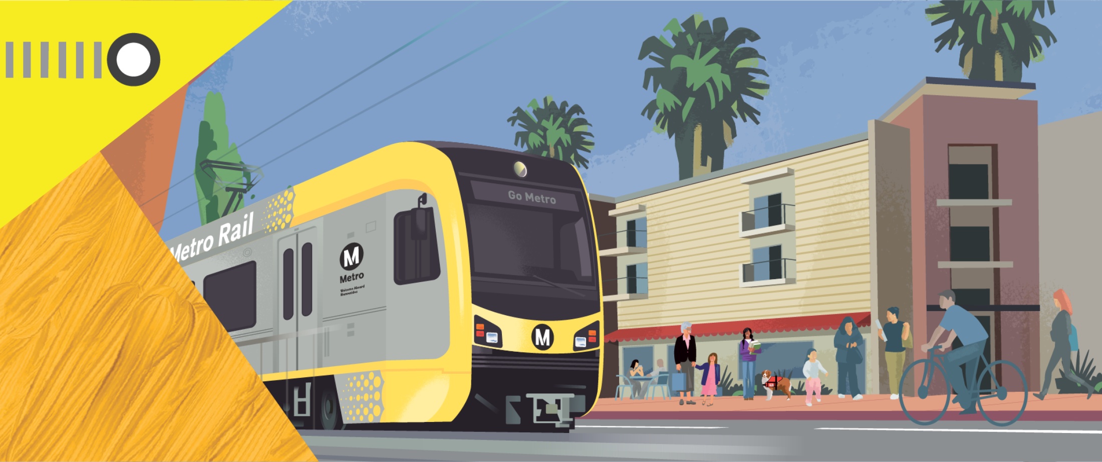 Metro light rail vehicle traveling through neighborhood.