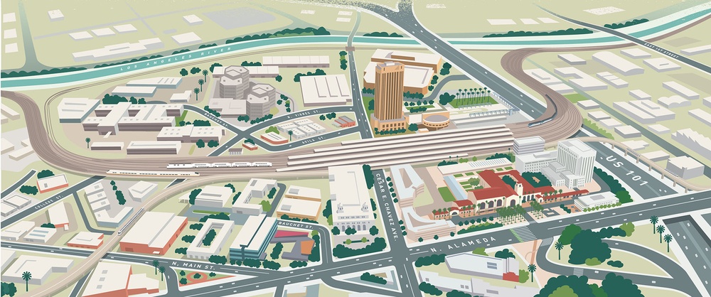 Aerial illustration of Link Union Station (Link US) area.