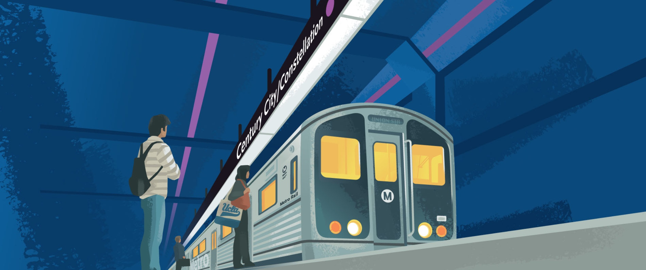 Illustration of heavy rail vehicle with passengers on platform.