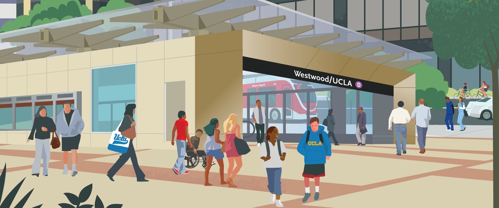 Illustration of Purple Line Extension - Section 3 with passengers at station at street level.