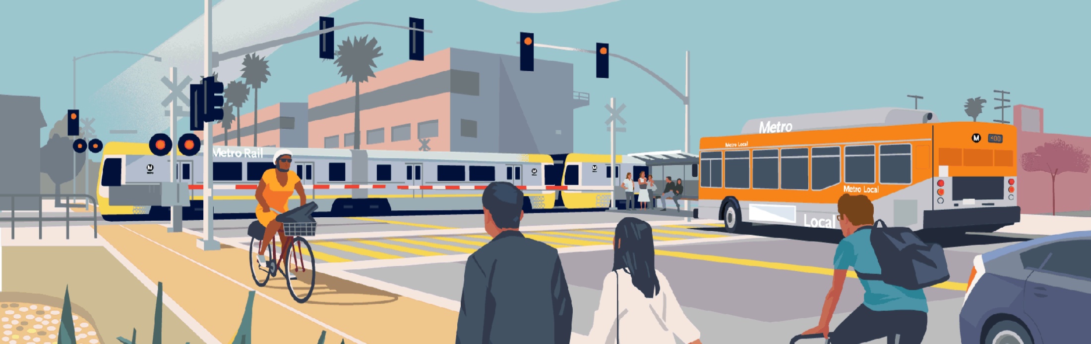 Illustration of intersection with Metro light rail, bus, pedestrians, and someone on bike.