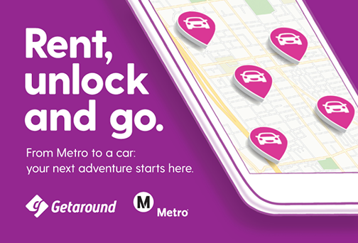 Metro and Getaround advertisement displaying an mobile app