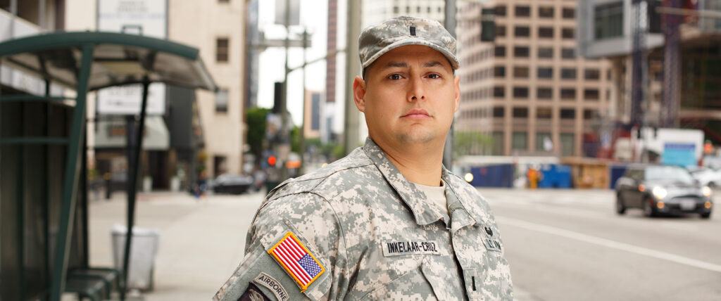 Military veteran at Metro Local Bus Stop in downtown Los Angeles.