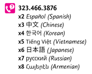 Metro LEP information graphic including phone numbers (323-466-3876, ext 2) in various languages.