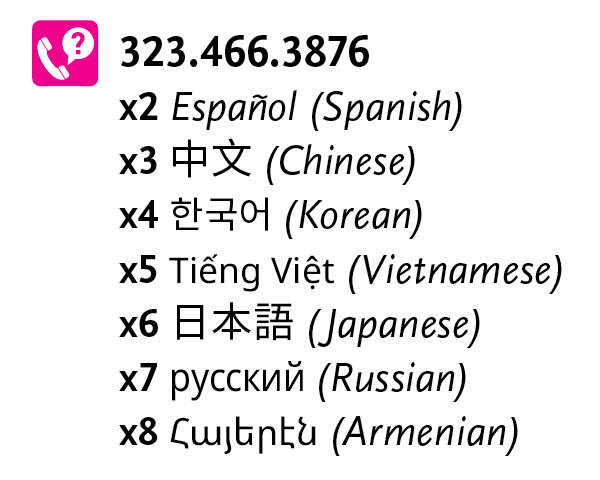 Metro LEP information graphic including phone numbers (323-466-3876, ext 2) in various languages.