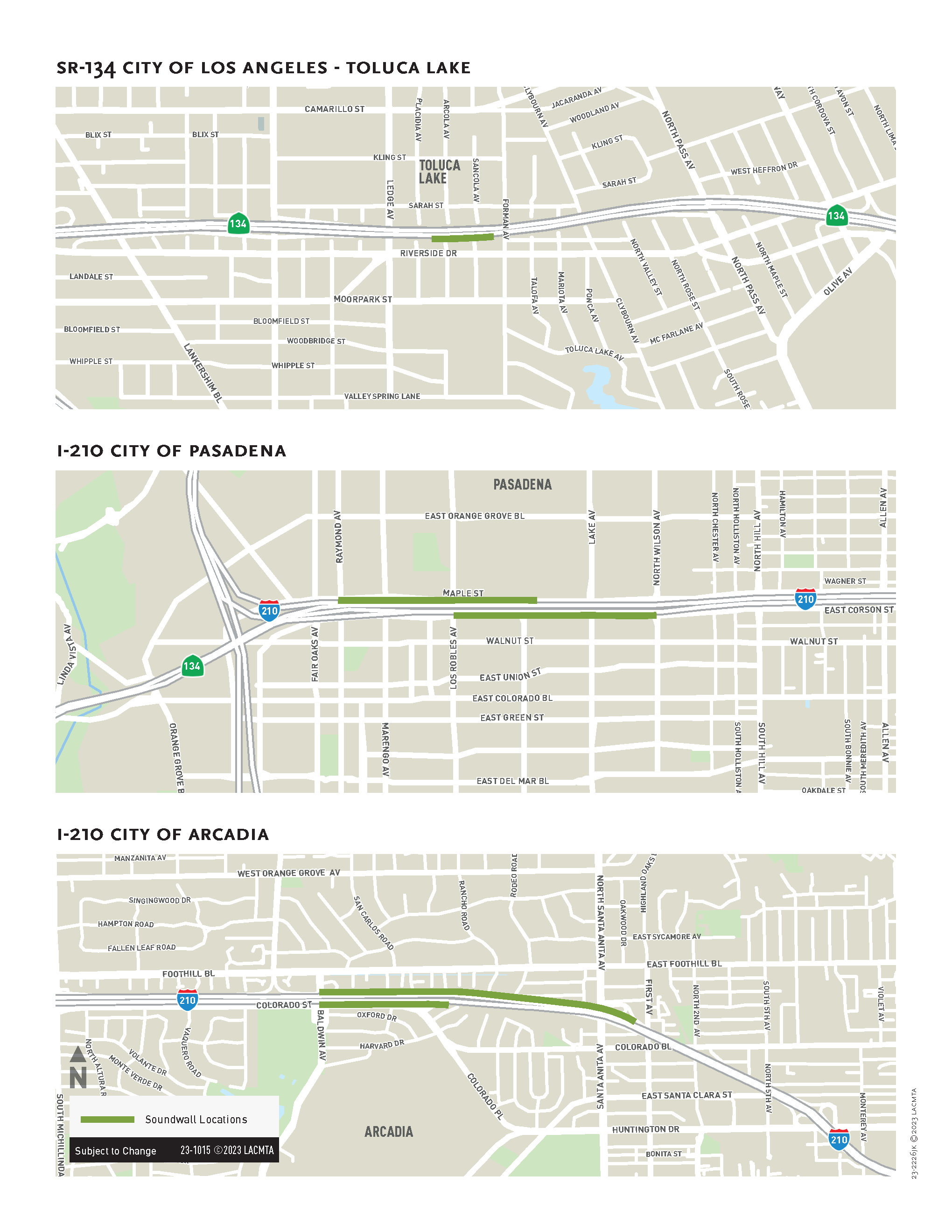 Three maps showing the locations of soundwalls for the i-210 Soundwall Package project.